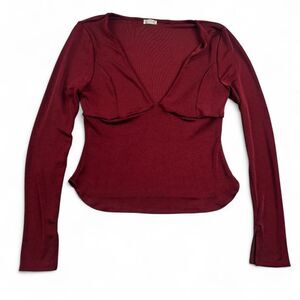 Free People Burgundy Ruched Top Women's Large Long Sleeve Fitted Going Out Top